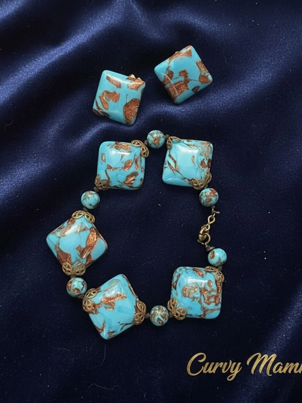 Murano Mid Century Glass Vintage Turquoise Marbled Bracelet & Earrings Set